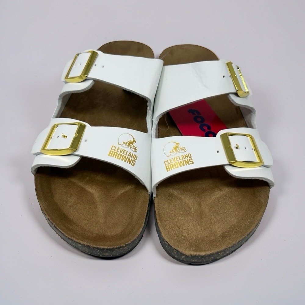 FOCO Cleveland Browns Sandals Women's Size XL 11-12 White Gold Two Strap NWT